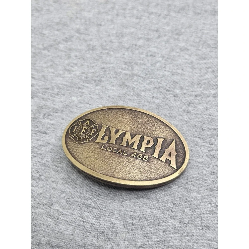 Vintage Olympia Fire Fighters Union Local 468 Solid Brass Belt Buckle IAFF